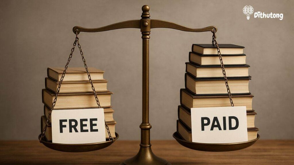free vs paid digital marketing courses botswana 1 | Dithutong: Online Courses & eLearning in Botswana | eLearning for Botswana Balanced scale comparing free and paid digital marketing course materials in Botswana