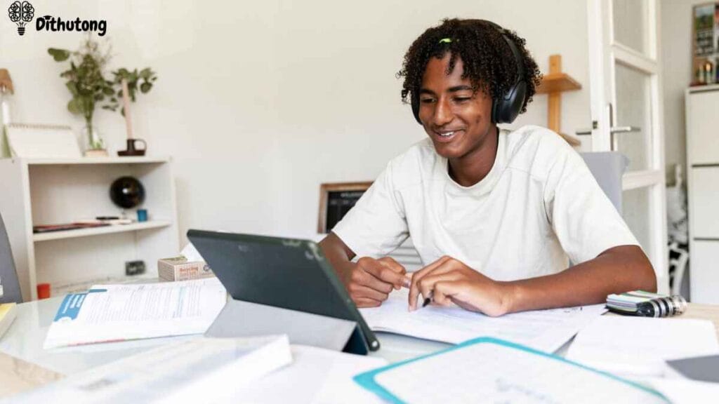 botswana elearning student tablet | Dithutong: Online Courses & eLearning in Botswana | eLearning for Botswana Botswana student engaged in e-learning on a tablet