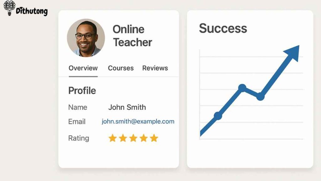 earnings growth online teaching botswana dithutong | Dithutong: Online Courses & eLearning in Botswana | eLearning for Botswana Success chart showing upward growth beside an online teacher’s profile dashboard on Dithutong