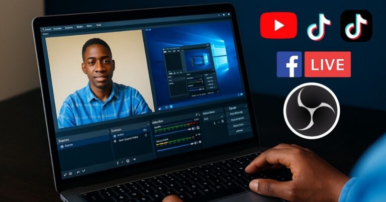 how to use obs studio course record stream | Dithutong: Online Courses & eLearning in Botswana | eLearning for Botswana Person using OBS Studio to record screen and stream live with webcam and overlays