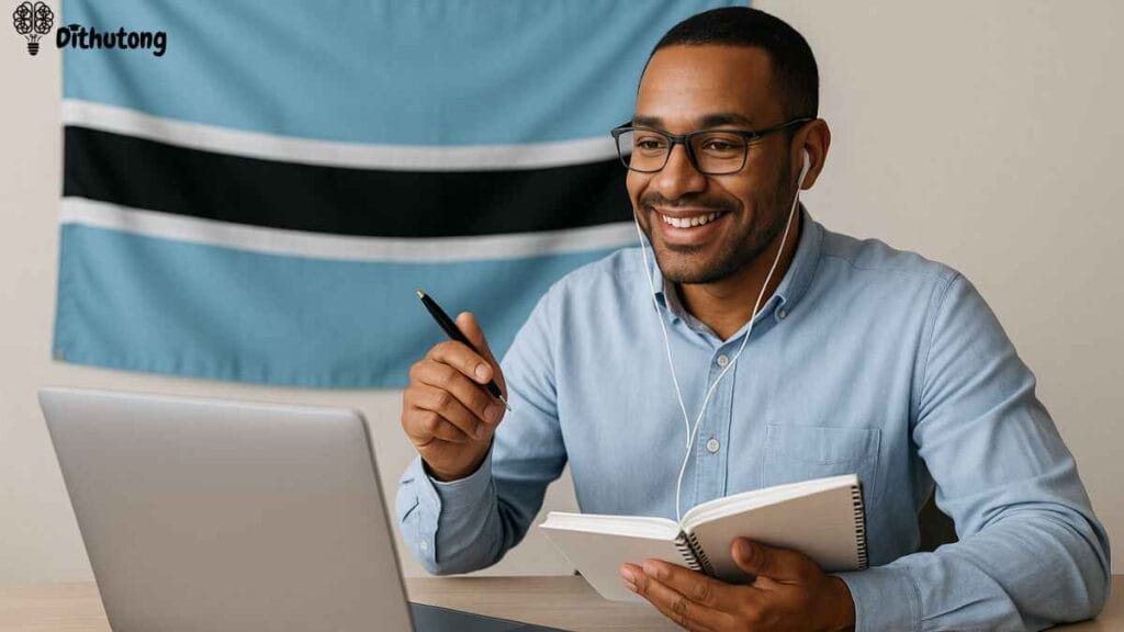 online teaching botswana dithutong | Dithutong: Online Courses & eLearning in Botswana | eLearning for Botswana Smiling instructor teaching an online class on a laptop with Botswana flag in the background
